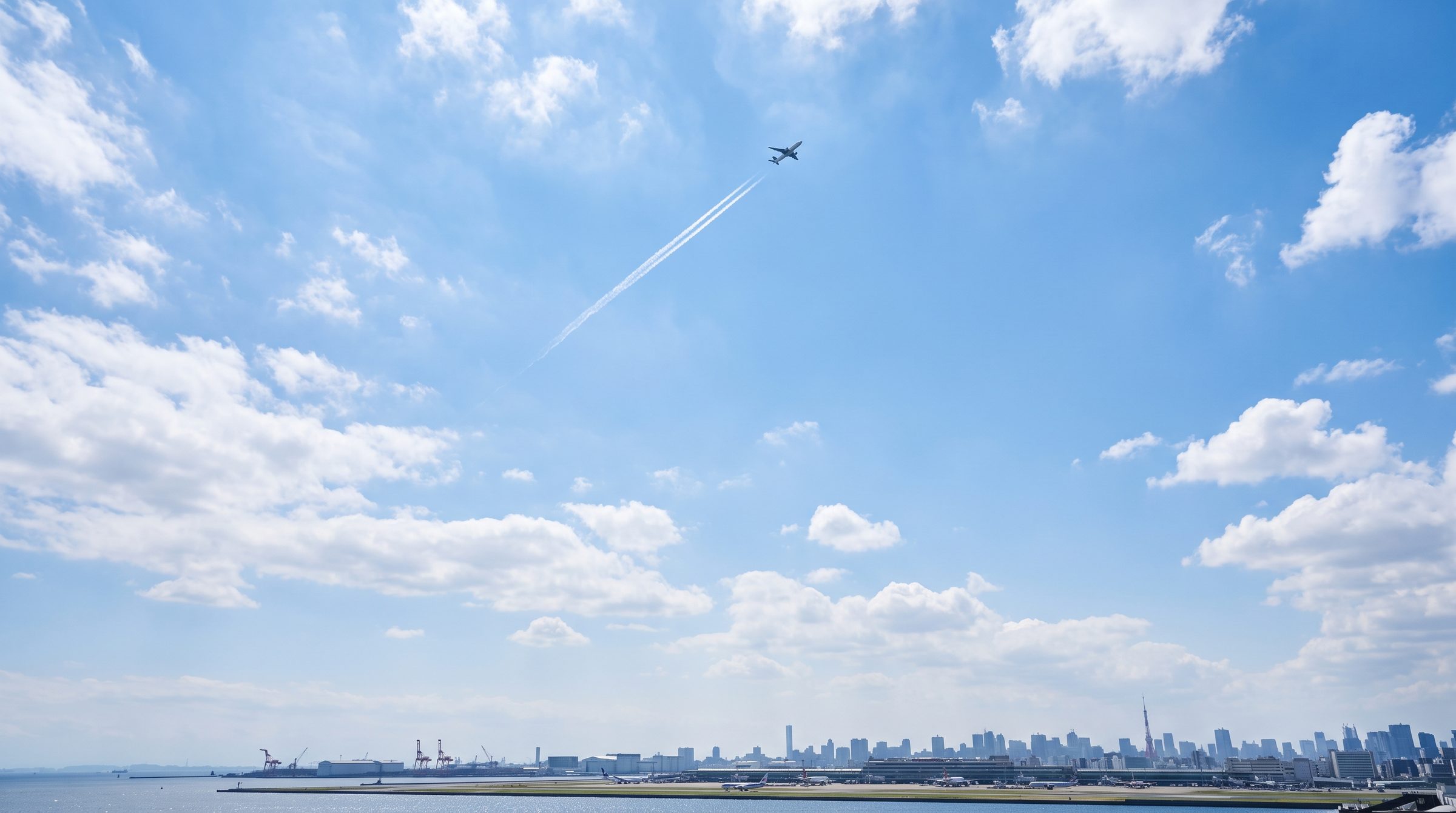 東京湾と空港の上空を飛ぶ旅客機
