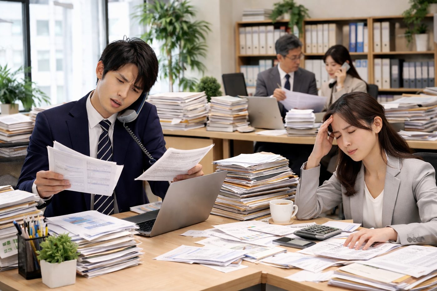 書類に追われるオフィスの様子